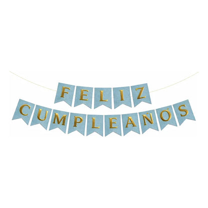 Cotillón Guirnalda Banderin Feliz Cumpleaño Celeste Glitter Celeste Con Glitter Y Letras Doradas Feliz Cumpleaños