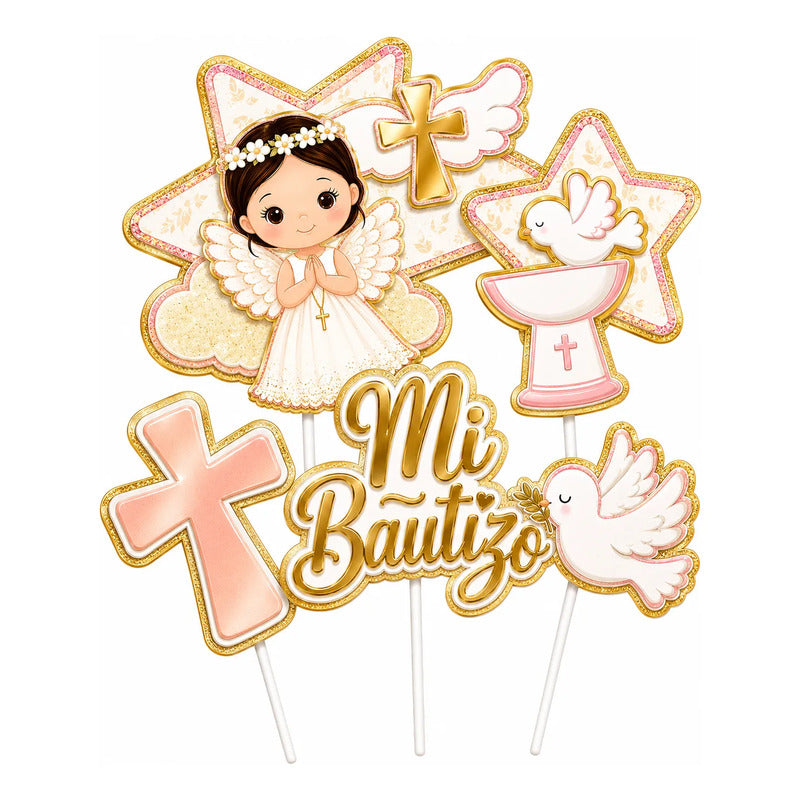 Set Topper Para Torta Mi Bautizo Niña Angelita Rosa Y Dorado Rosa