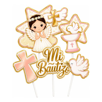 Set Topper Para Torta Mi Bautizo Niña Angelita Rosa Y Dorado Rosa