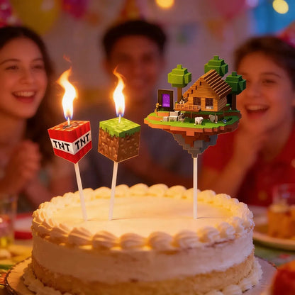 Set De 3 Velas Para Torta Party! De Minecraft Con Bloques Y Casa