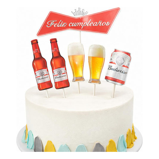 Topper Para Torta Feliz Cumpleaños Budweiser Cerveza Rojo