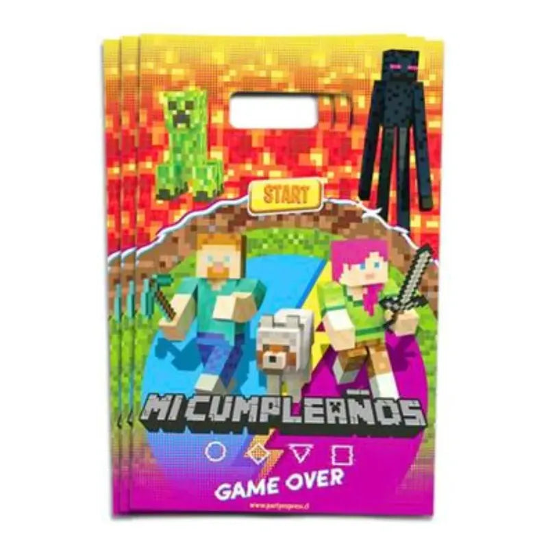 6 Bolsas De Cumpleaños Gamer Diseño Tipo Minecraft Pack Verde