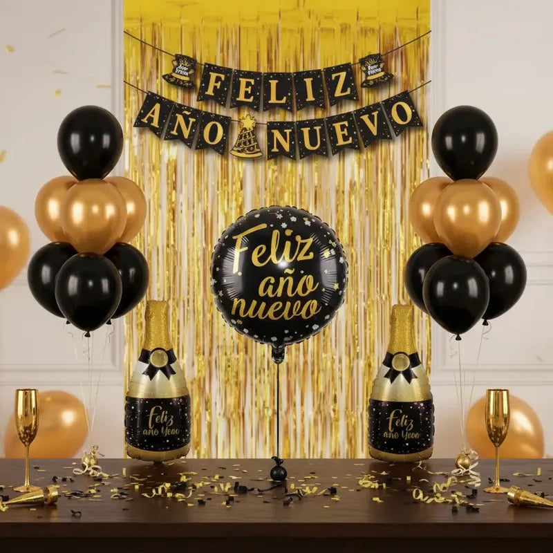 Set Decoración Año Nuevo Dorado Y Negro Con Globos
