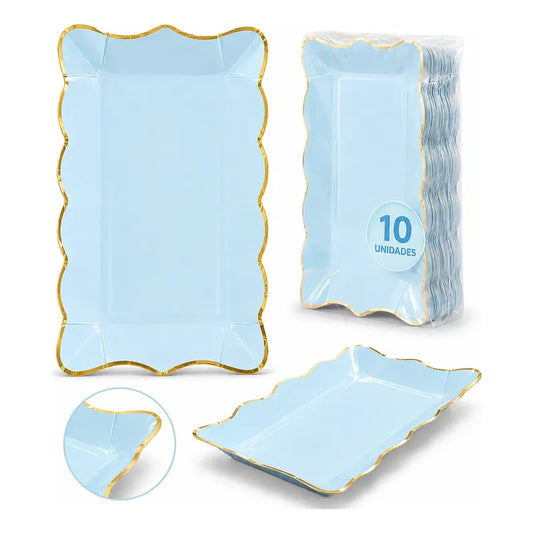 Pack 10 Bandejas Cartón Rectangulares Fiesta Cotillón Celeste