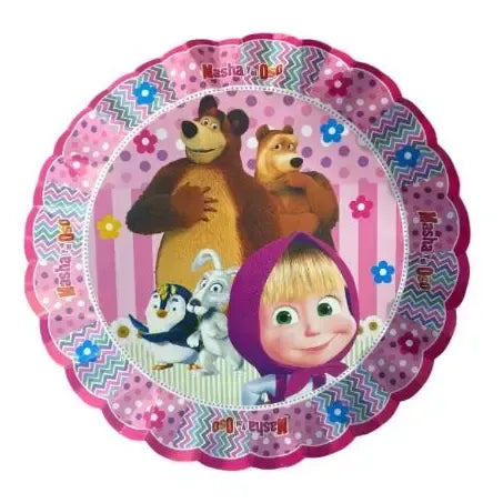 Pack 4 Bandejas Cumpleaños Masha Y El Oso ( Cartón 32 Cm ) Rosa