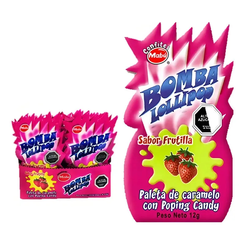 Paleta Explota Mabu 24 Unidades Caramelo Bomba Lollipop Sabor Frutilla