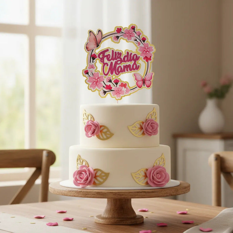 Topper Torta Feliz Día Mamá Flores Y Mariposas Rosa Fucsia
