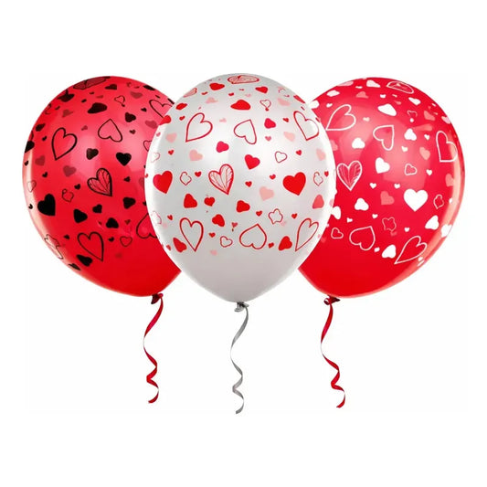 Globos Látex Estampados Corazones Fiesta Amor 30cm X 12 Unid Rojo