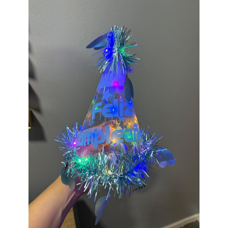 Gorro Feliz Cumpleaños Cono Luces Led Cotillon