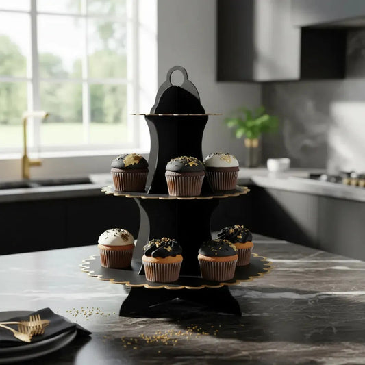 Bandeja Porta Cupcakes Cumpleaños Diseños Globifiesta Color Negro Bordes Dorado
