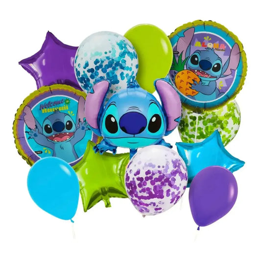 Set Kit Globos Metálicos Stitch Cumpleaños Fiesta 12 Piezas Celeste