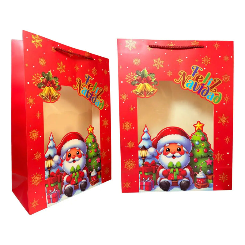 Bolsa Regalo Grande Navideña Con Ventana Y Viejito Pascuero Rojo