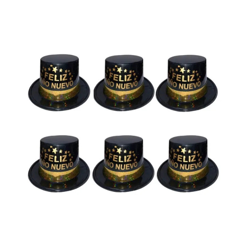 Pack 3 Gorros Plástico Feliz Año Nuevo Negro Negro Standar Negro