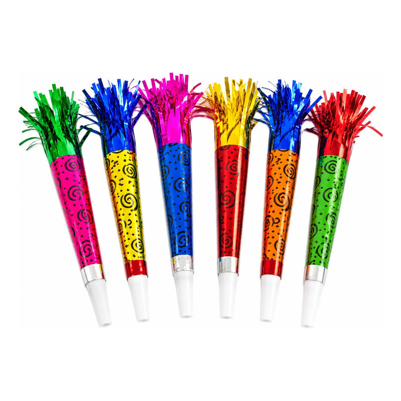 Pack 6 Silbatos Cornetas De Fiesta Con Flecos Cumpleaños