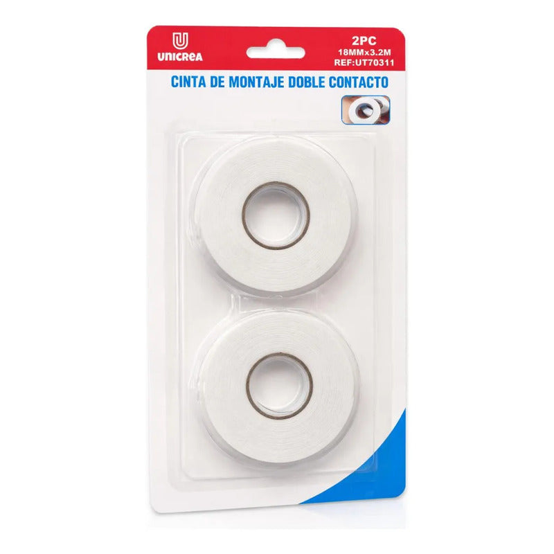 Pack 2 Unidades Cinta Doble Contacto Unicrea 18mm X 3.2m Blanco