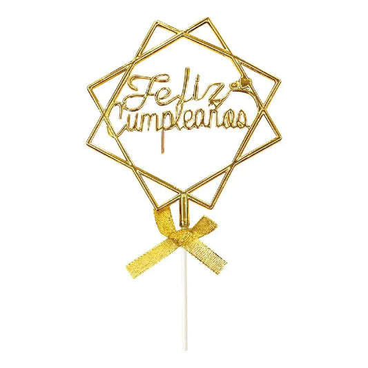 Topper Torta De Cumpleaños Dorado Cotillón  Dorado Geométrico