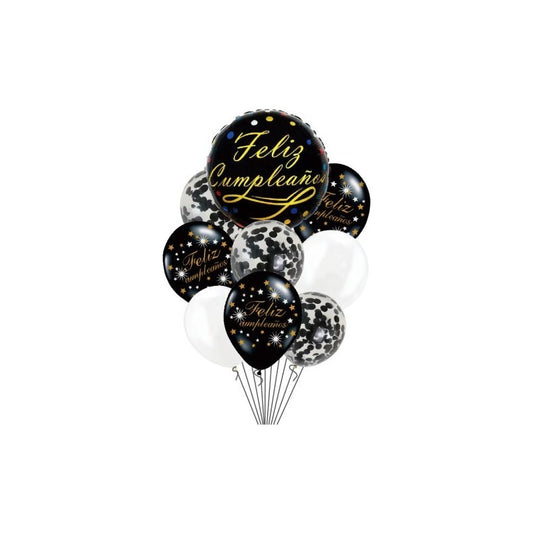 Set De Globos Negro Dorado Feliz Cumpleaños 9 Piezas