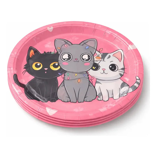 6 Platos De Cartón Gatitos Kawaii Fiesta Cumpleaños Rosa