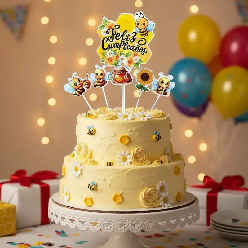 Topper Decorativo Para Torta Cumpleaños Abejita X 6 Unidades Amarillo