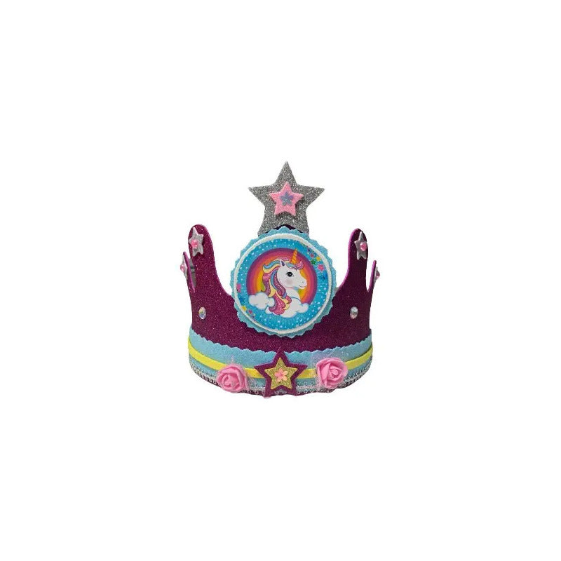 Corona Unicornio Para Festejado De Cumpleaños  Rosa Y Morado Con Detalles Celeste, Amarillo Y Plateado (purpurina)