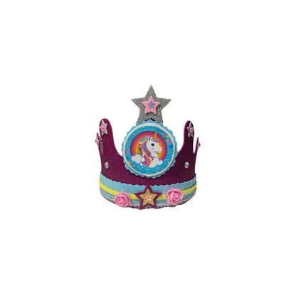 Corona Unicornio Para Festejado De Cumpleaños  Rosa Y Morado Con Detalles Celeste, Amarillo Y Plateado (purpurina)