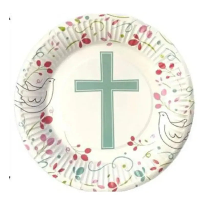 Pack 10 Platos Cotillón Bautizo 17 Cm  Blanco Con Detalles Verde Y Rosa Bautizo (cruz Y Palomas)