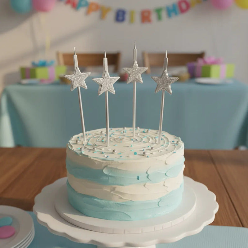 Set 4 Velas De Cumpleaños Estrellas Plateadas Glitter