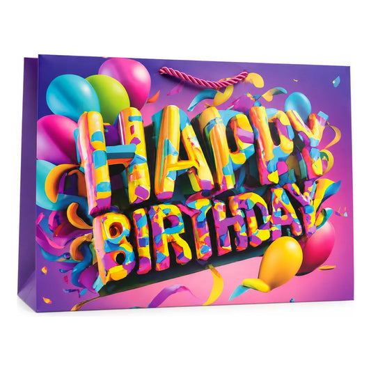 Bolsa De Regalo Cumpleaños Con Diseño 3d De Globos Coloridos Morado
