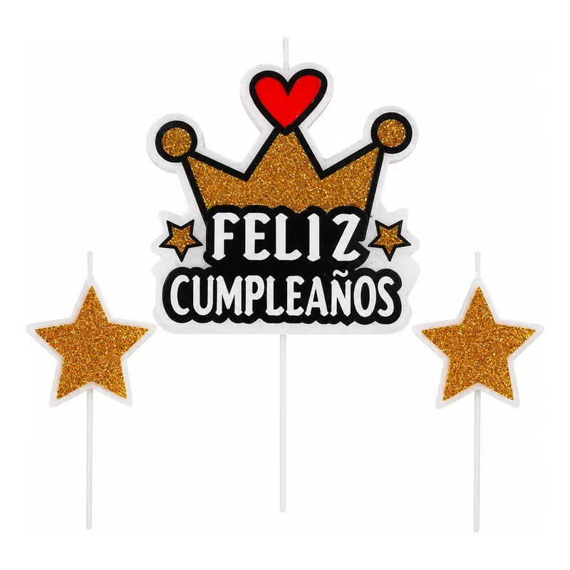 Vela Feliz Cumpleaños Corona Dorada Y Estrellas 3 Piezas