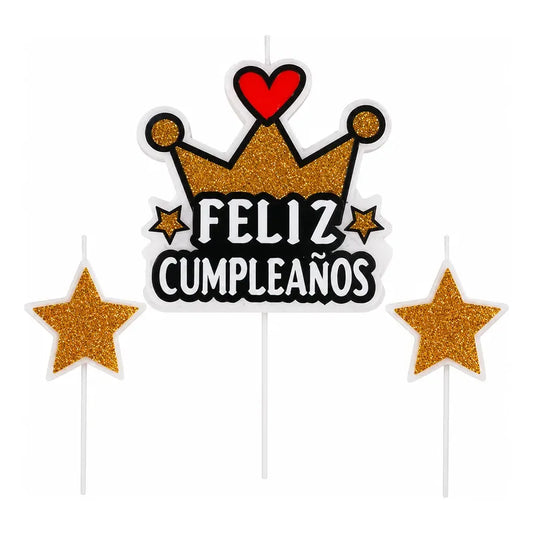 Vela Feliz Cumpleaños Corona Dorada Y Estrellas 3 Piezas