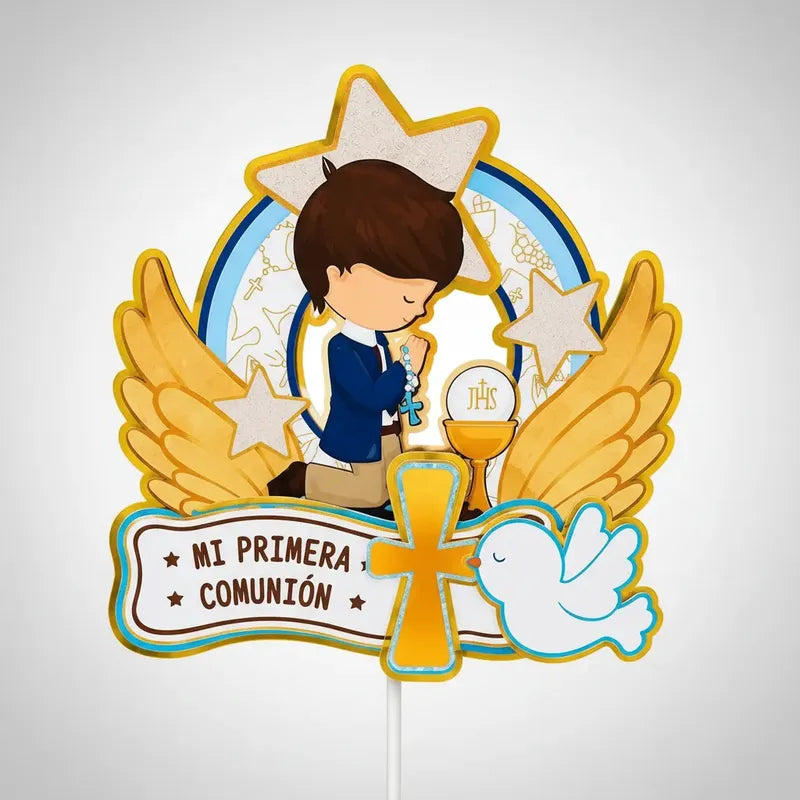 Topper Adorno Torta Mi Primera Comunión Niño Dorado