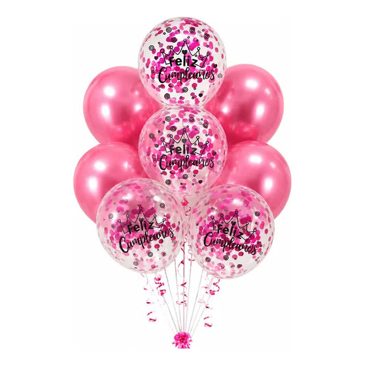 Set De Globos Feliz Cumpleaños Rosado Con Confeti Para Fiest Rosa Chicle