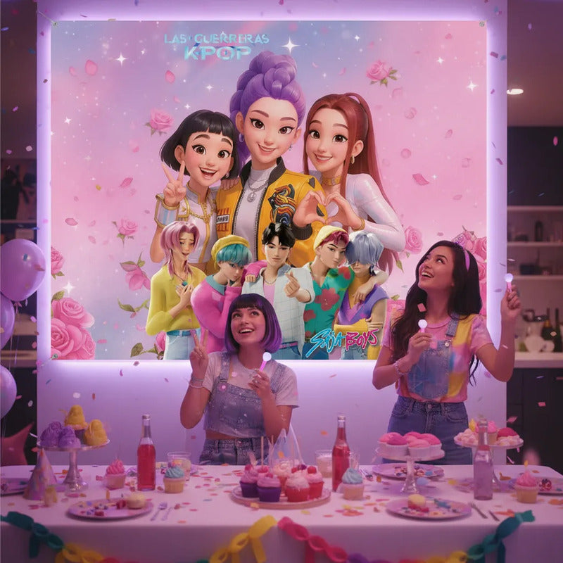 Pendon De Cumpleaños Pvc Guerreras K-pop Huntrix Decoración Violeta