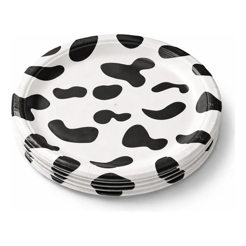 6 Platos Desechables Redondos Diseño Vaca Manchas Fiesta Blanco