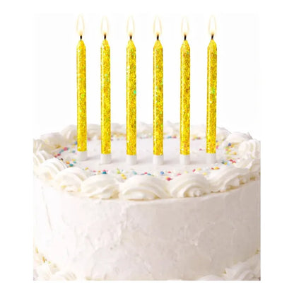 6 Unidades Velas De Cumpleaños Largas Amarillo Con Glitter