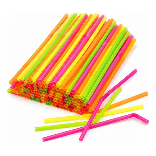 100 Bombillas Plásticas Flexibles Colores Fluor Neón Fiesta Flúor