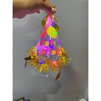 Gorro Feliz Cumpleaños Cono Luces Led Cotillon