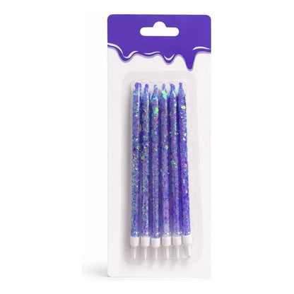 6 Unidades Velas De Cumpleaños Largas Azul Con Glitter 12 Cm