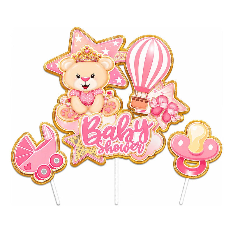 Topper Para Torta Baby Shower Niña Decoración Osita Princesa Rosa