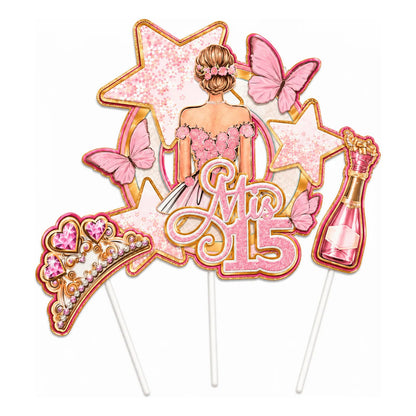 Set Toppers Torta Mis 15 Años Decoración Fiesta Rosa Glitter Rosa