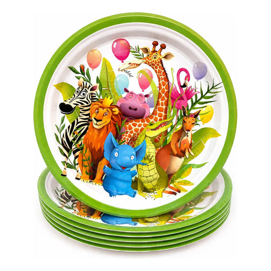 X 6 Platos Cotillón Cumpleaños Infantil Animales Selva Safar Verde