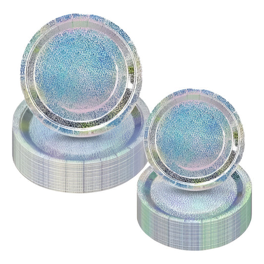 Pack 50 Platos Poli Papel Carton Holograficos Plateados