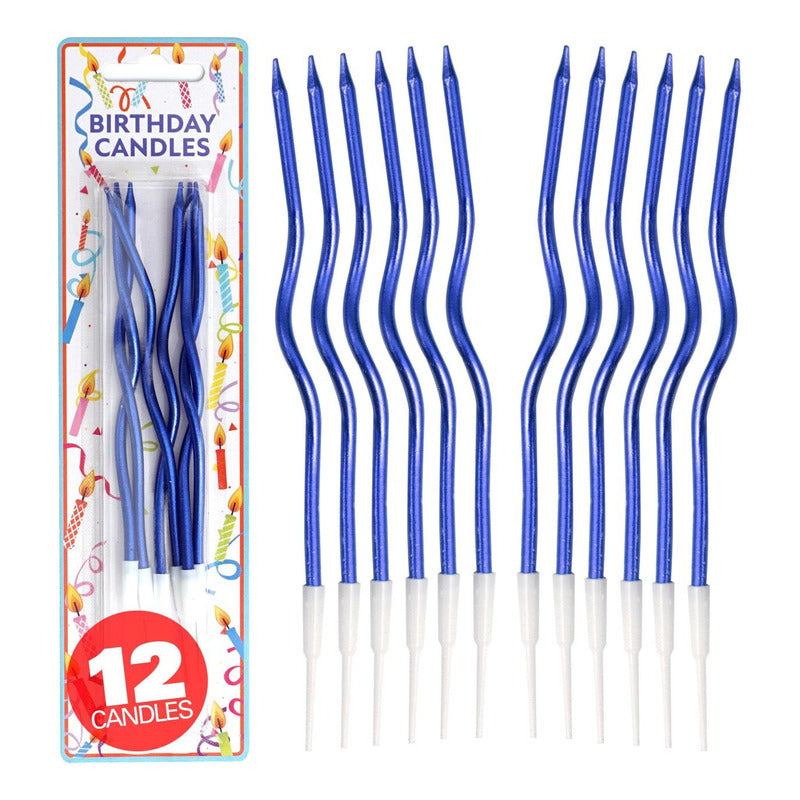 Pack 12 Velas De Cumpleaños Ovaladas Azul Metalizado