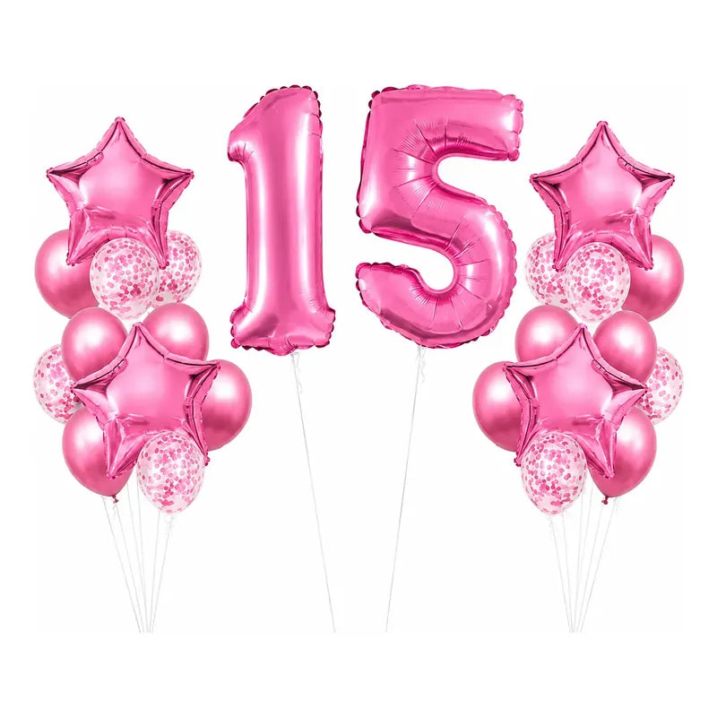Set Globos Metalizados Cumpleaños 15 Años Fiesta Colores Fucsia