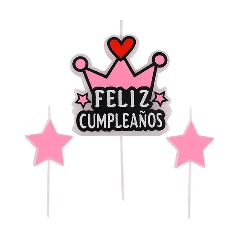 Set Velas Cumpleaños Corona Rosada Con Estrellas