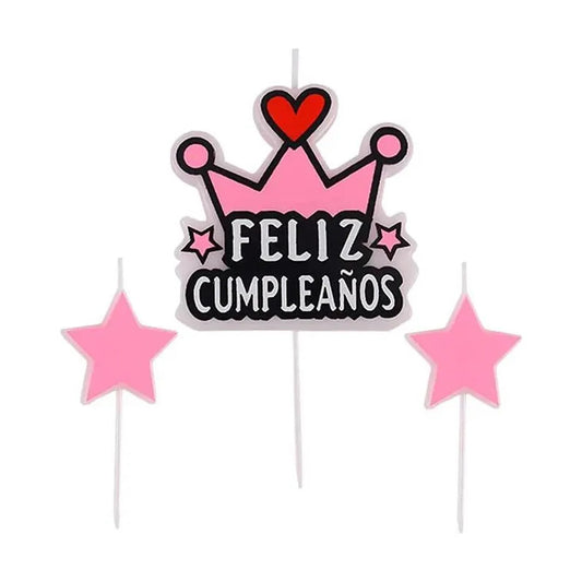 Set Velas Cumpleaños Corona Rosada Con Estrellas