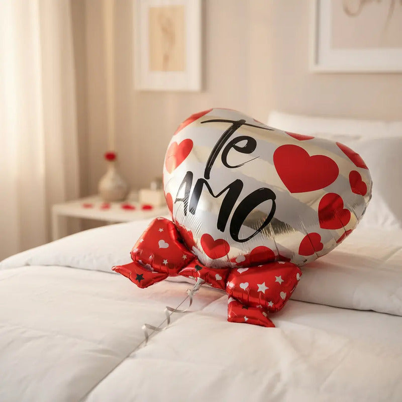 Globo Metálico Corazón Te Amo Con Varilla Y Moño Rojo