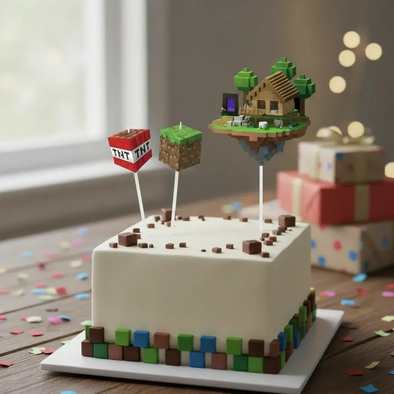 Set De 3 Velas Para Torta Party! De Minecraft Con Bloques Y Casa
