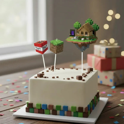Set De 3 Velas Para Torta Party! De Minecraft Con Bloques Y Casa