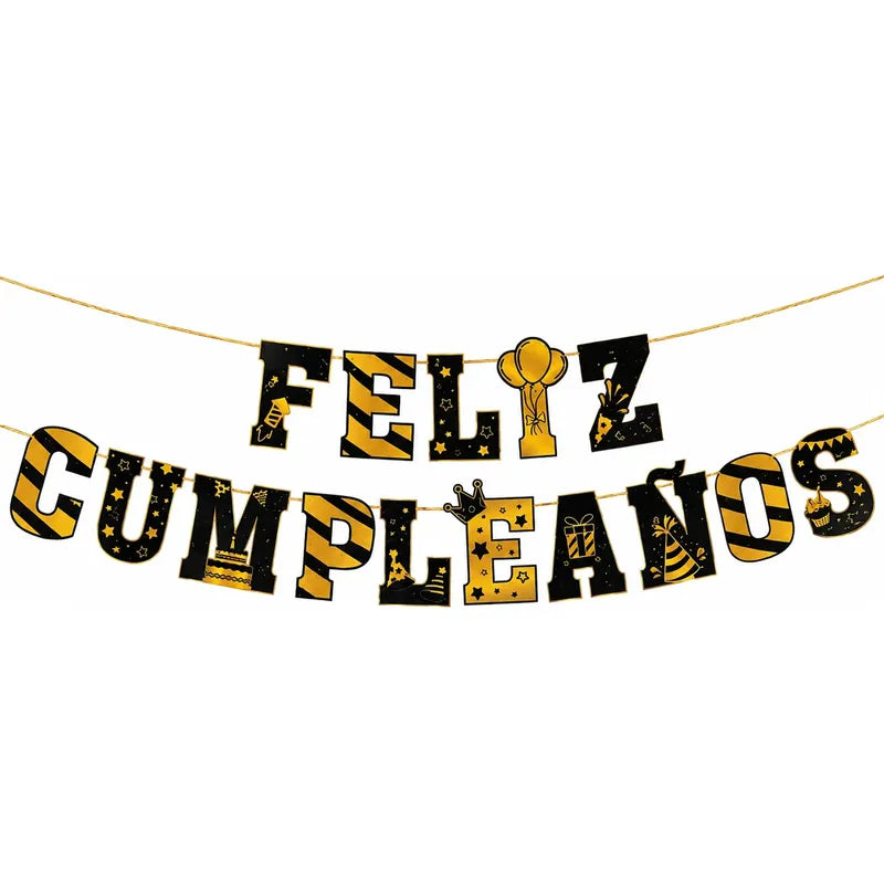 Guirnalda Feliz Cumpleaños Negro Y Dorado Decoración Surtido